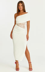 Juliet Midi Dress - One Shoulder Lace Contrast Bodycon Dress in Ivory