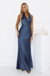 Glitz Gathering Halter Satin Maxi Dress Navy