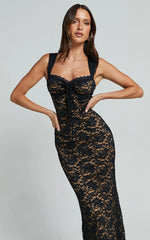 Collette Midi Dress - Ruched Bust Wide Strap Detail Lace Midi Dress in Black