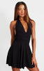 Black Double Layer Slinky Halter Neck Tie Back Shift Dress