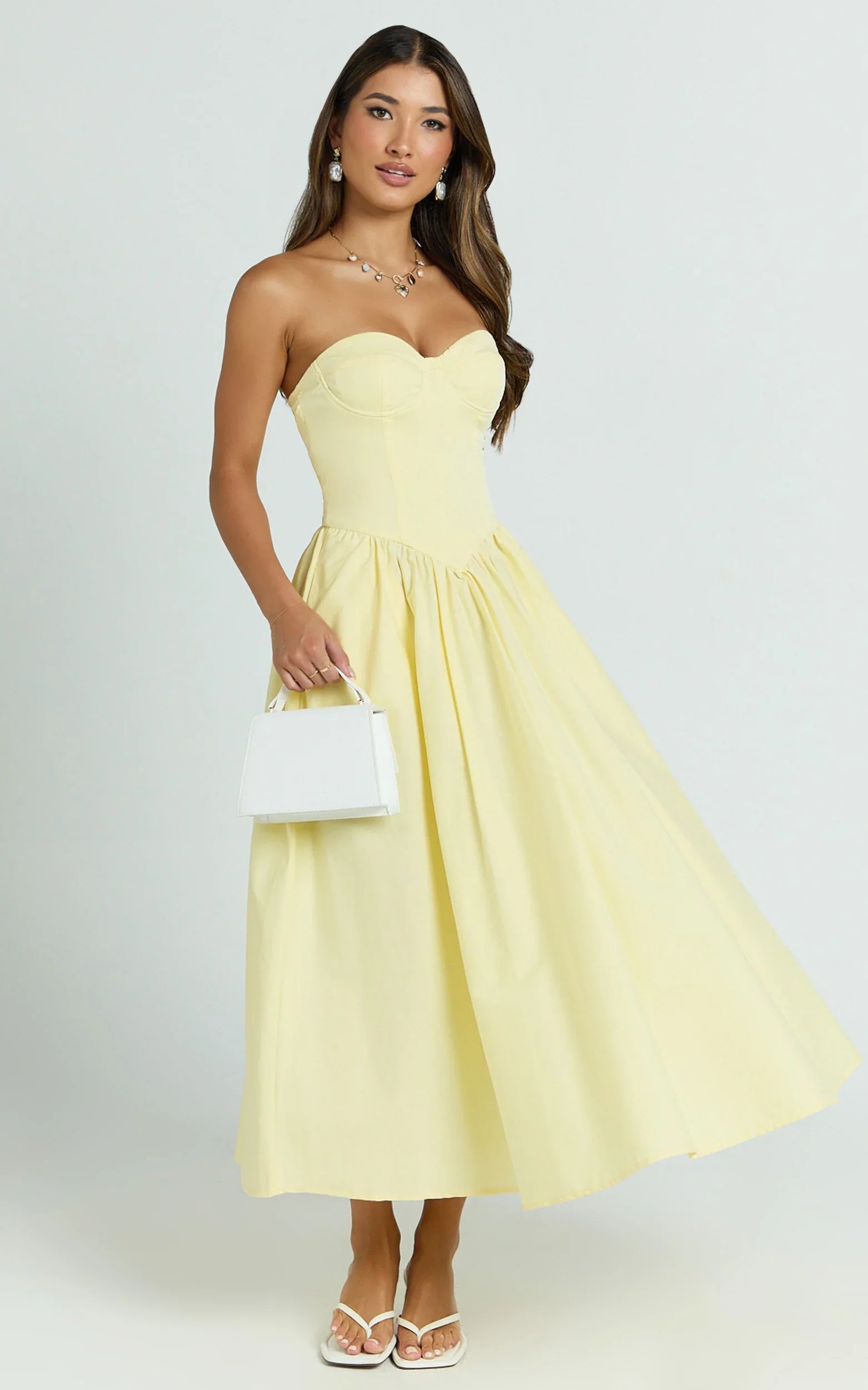 Daria Midi Dress - Strapless Corset Gathered Dress in Lemon