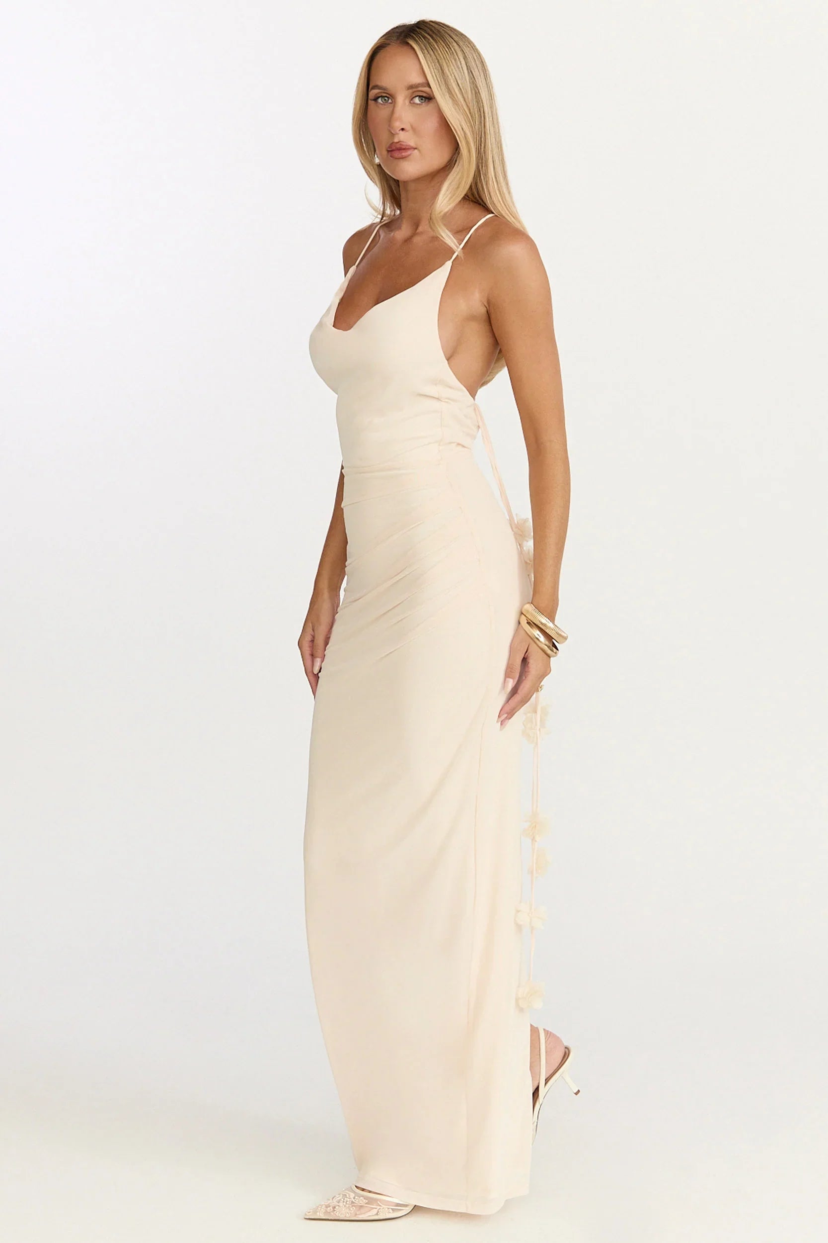 Penny Maxi Dress - Draped Cowl Neck 3D Flower Dress in Cream
