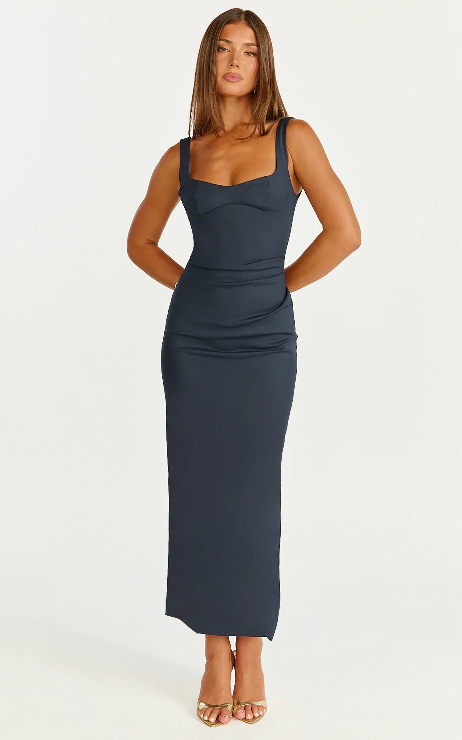 Benita Midi Dress - Scoop Neck Ruched Fitted Dress in Navy
