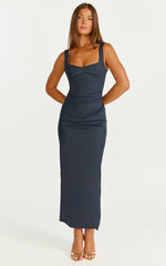 Benita Midi Dress - Scoop Neck Ruched Fitted Dress in Navy