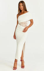 Juliet Midi Dress - One Shoulder Lace Contrast Bodycon Dress in Ivory