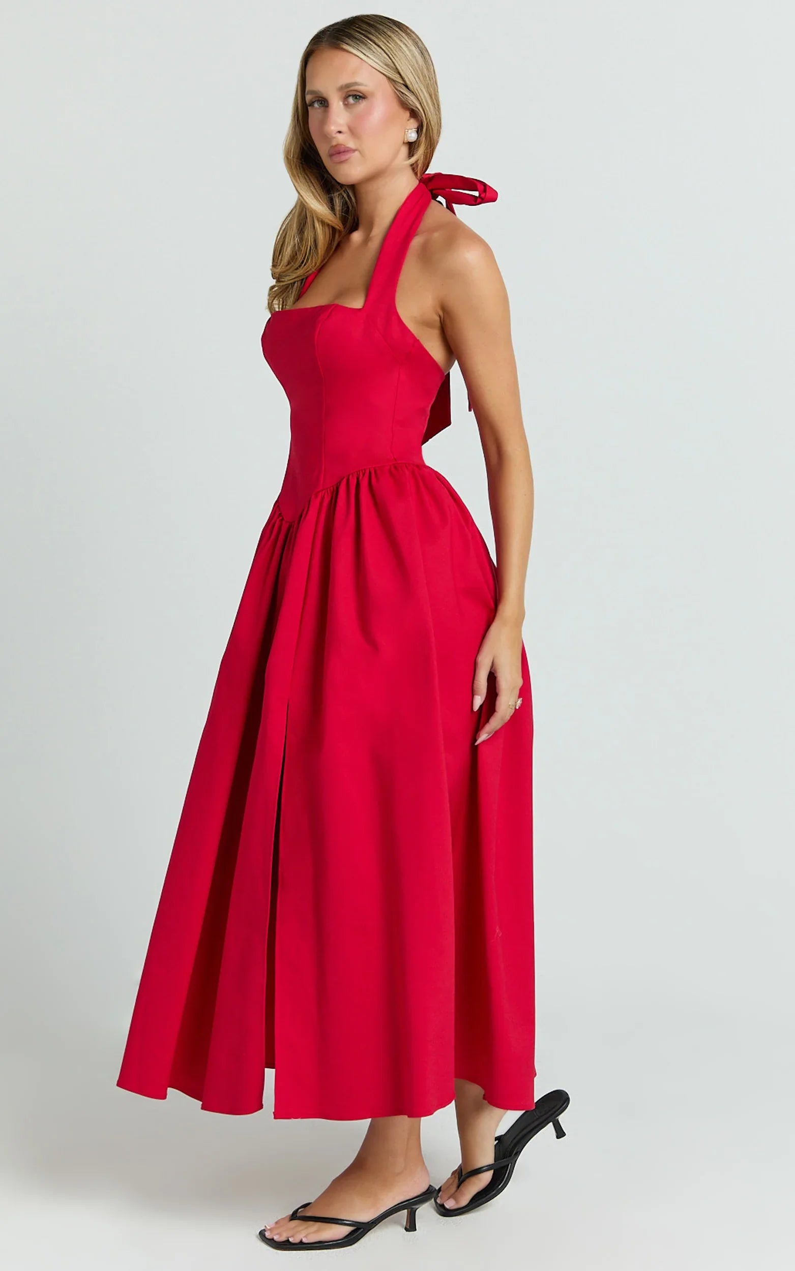 Helda Midi Dress - Halter Tie Neck Corset Panel Dress in Red
