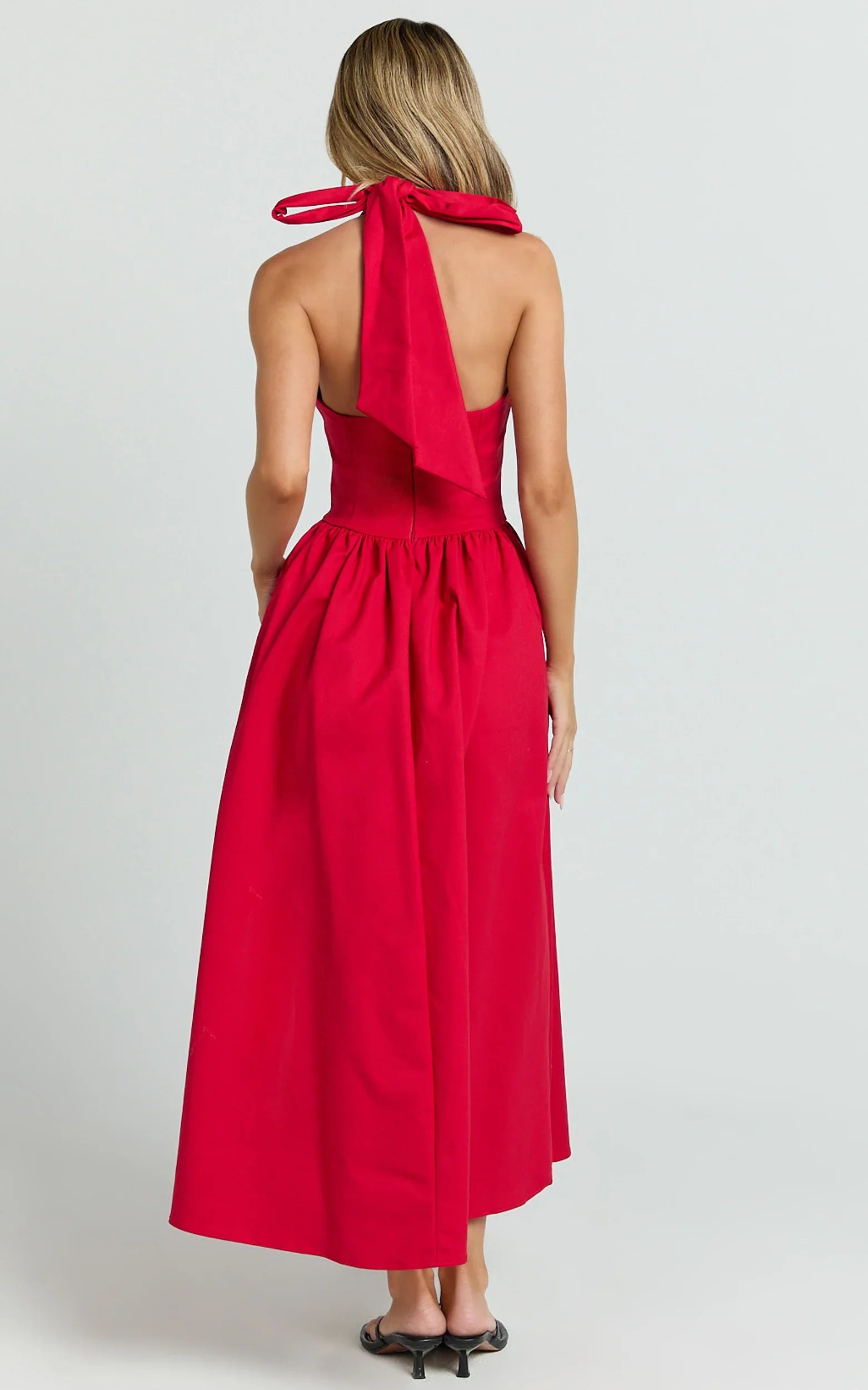Helda Midi Dress - Halter Tie Neck Corset Panel Dress in Red