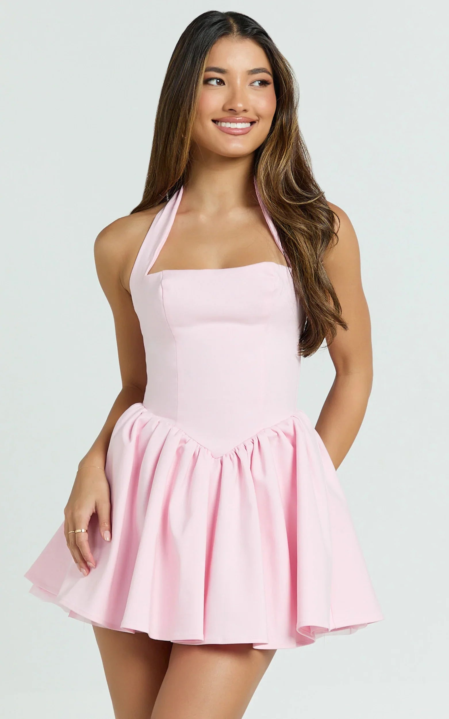 Helda Mini Dress - Halter Tie Neck Corset Panel Dress in Pink