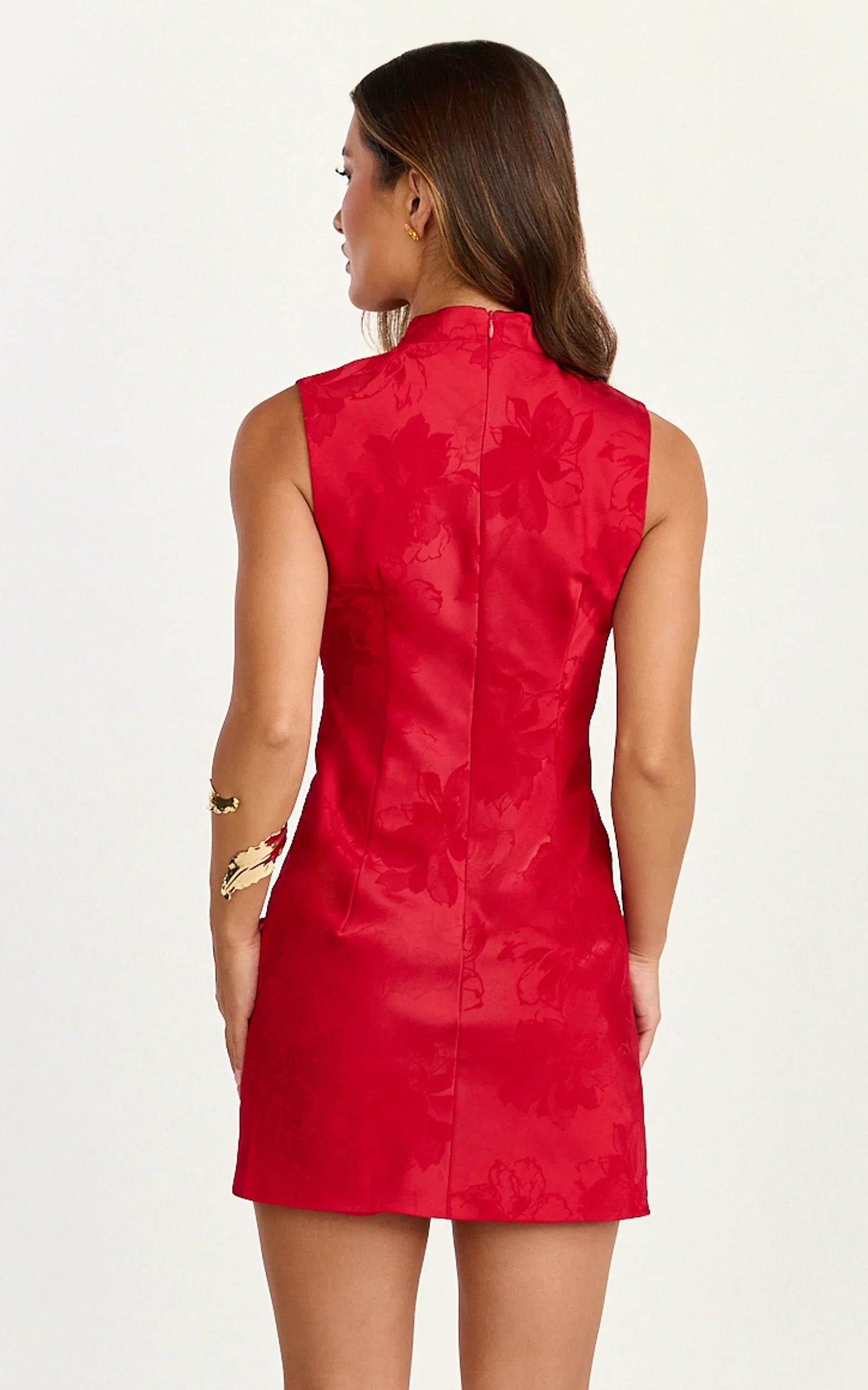 Atalia Mini Dress - Mandarin Collar Jacquard A Line Dress in Red