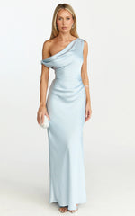 Lira Midi Dress - One Shoulder Satin Dress in Pale Blue