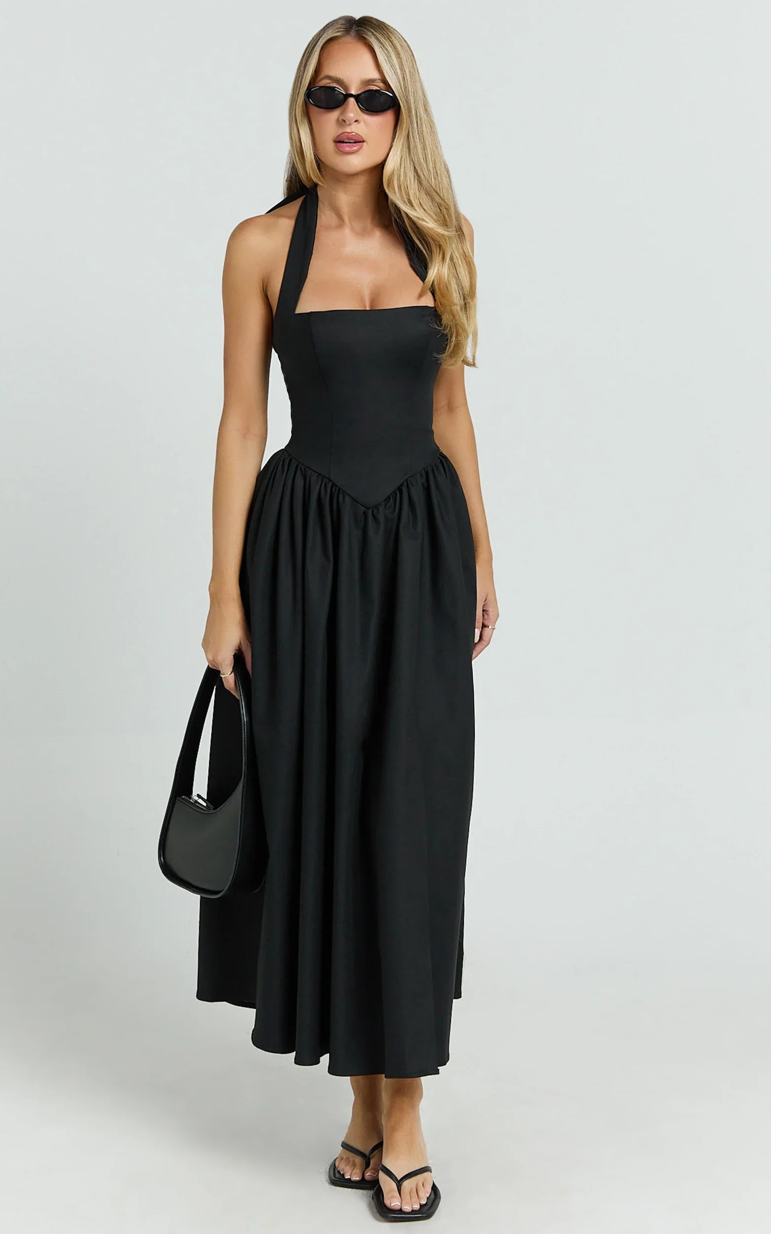 Helda Midi Dress - Halter Tie Neck Corset Panel Dress in Black