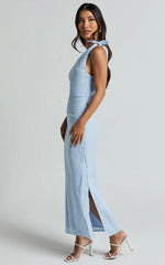 Cincinnati Midi Dress - Off The Shoulder Side Split Column Linen Dress in Pale Blue