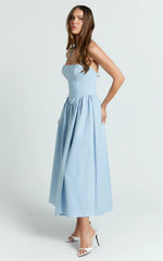 Helda Midi Dress - Halter Tie Neck Corset Panel Dress in Soft Blue