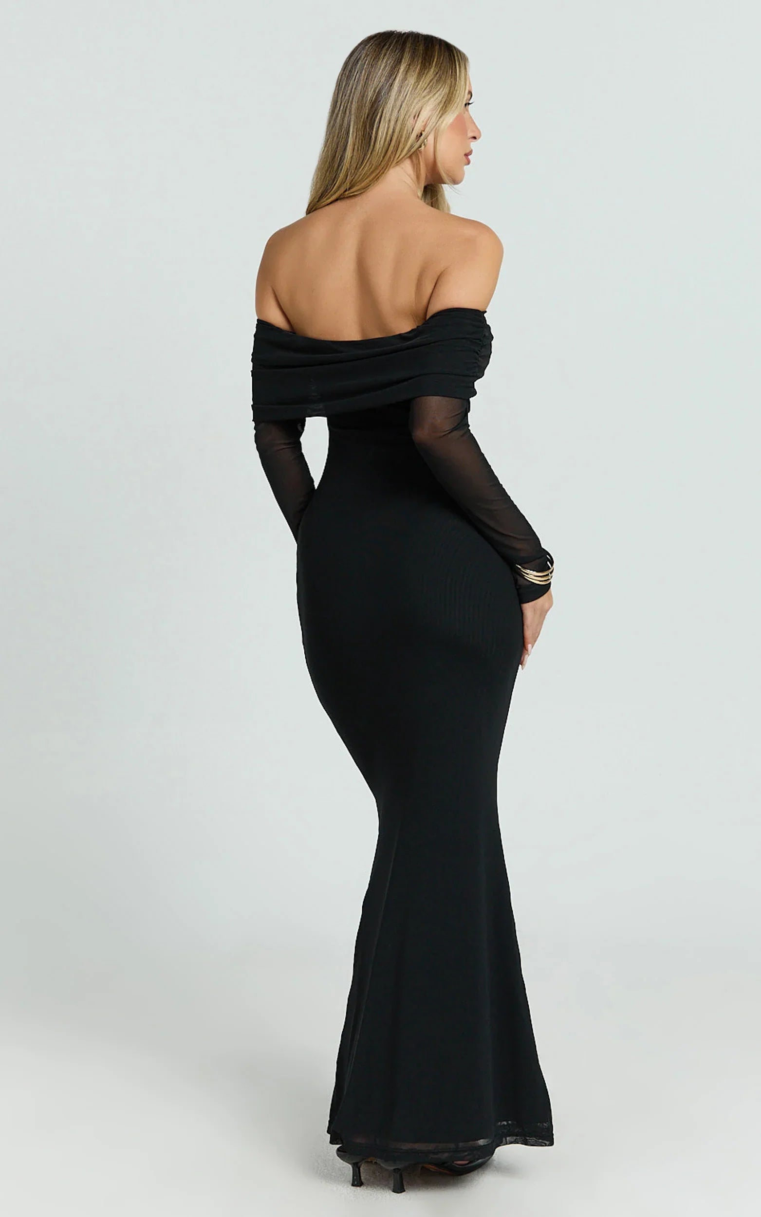 Bethanie Maxi Dress - Off The Shoulder Mesh Dress in Black