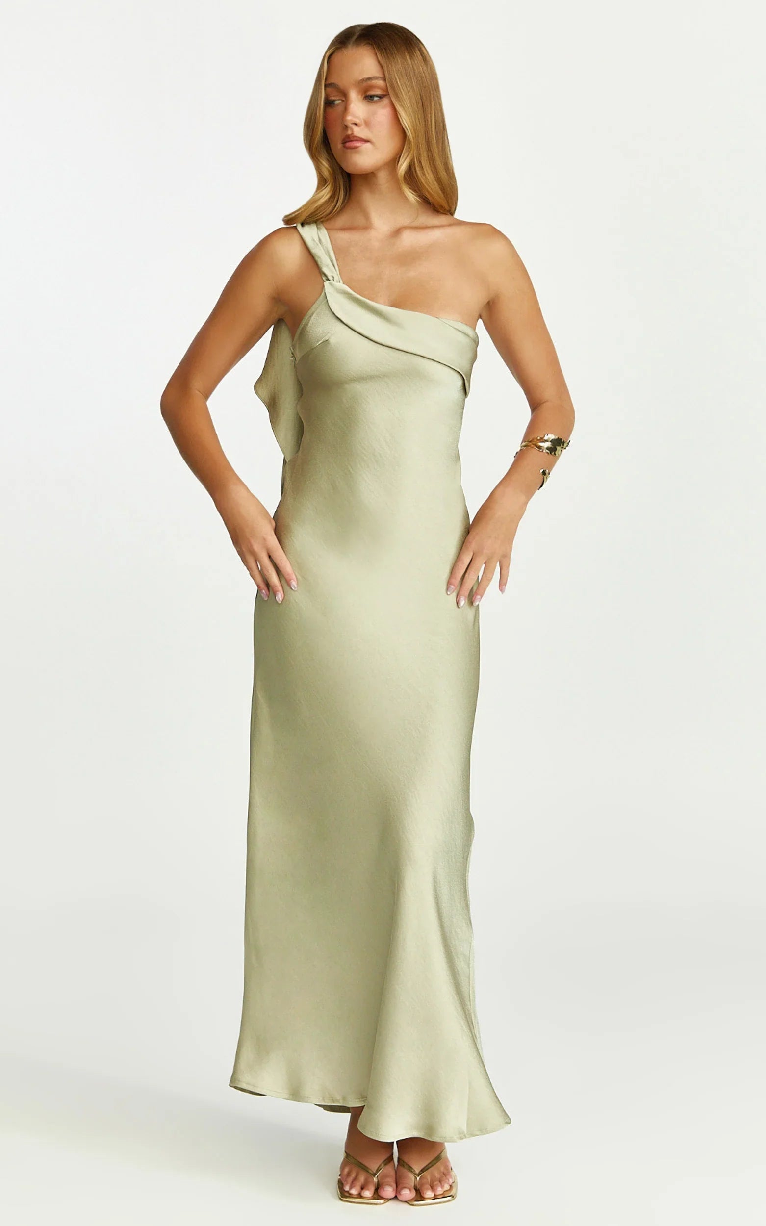 Calix Midi Dress - One Shoulder Slip Dress in Light Olive